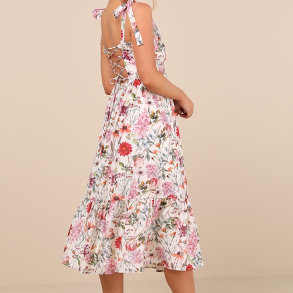 Lulus Cecily Ivory Floral Ruffled Tie-strap Midi Dress White - Size S